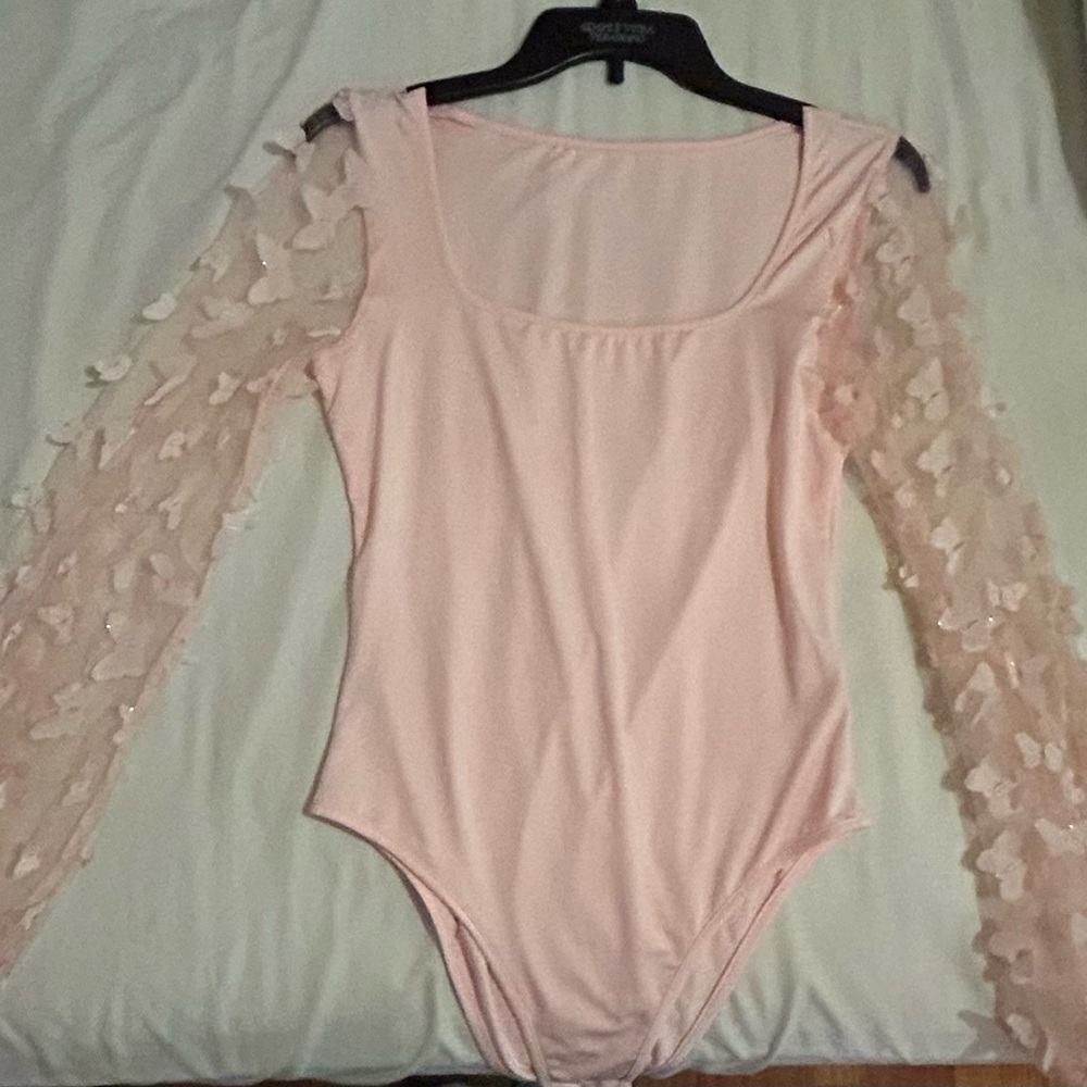 SHEIN Pink Bodysuit with Sheer Floral Sleeves